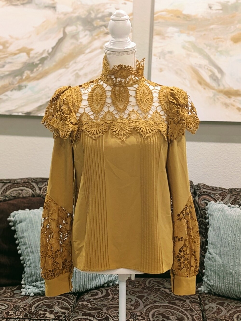 High-Neck Crochet Yoke Blouse - Mustard